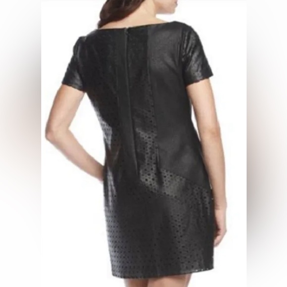 NWT Muse Black Perforated Faux Leather Sheath Dress w/Gold Sparkles - Size 6 - Picture 2 of 7